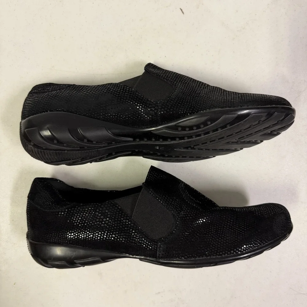 VANELI SPORT Women's Black Shimmer Slip-On Comfort Flats Leather Rubber Sole